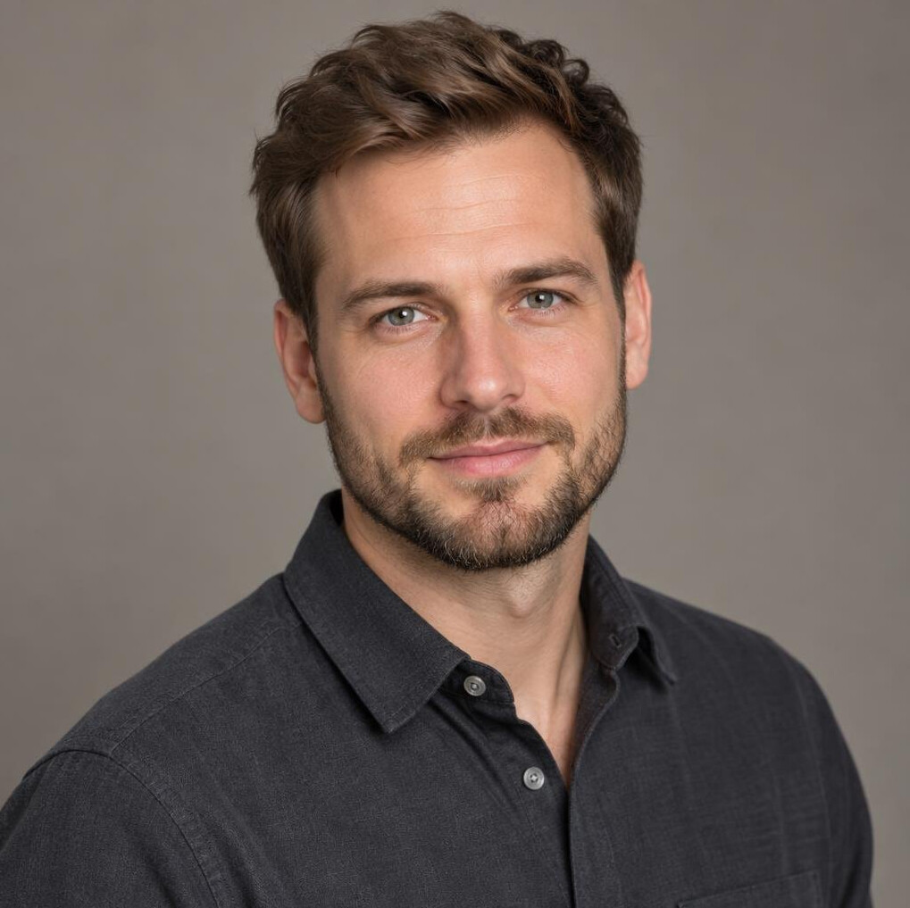 Studio portrait of a German man in his thirties with a beard