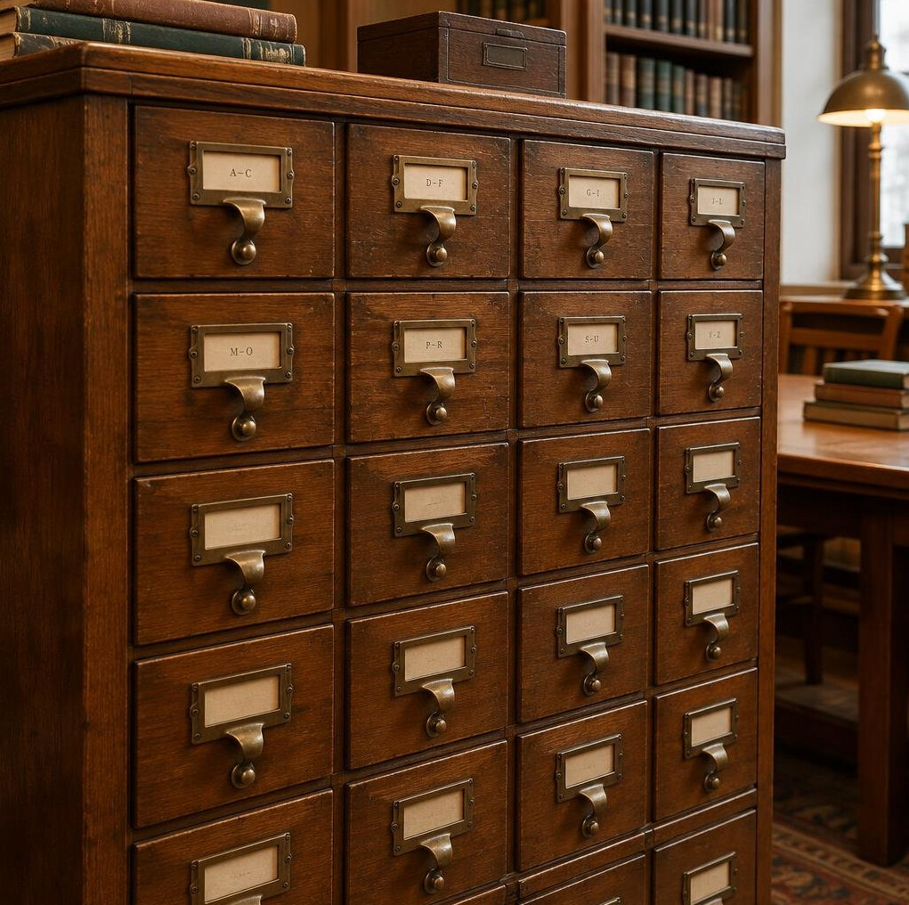 Old wooden library card catalog drawers