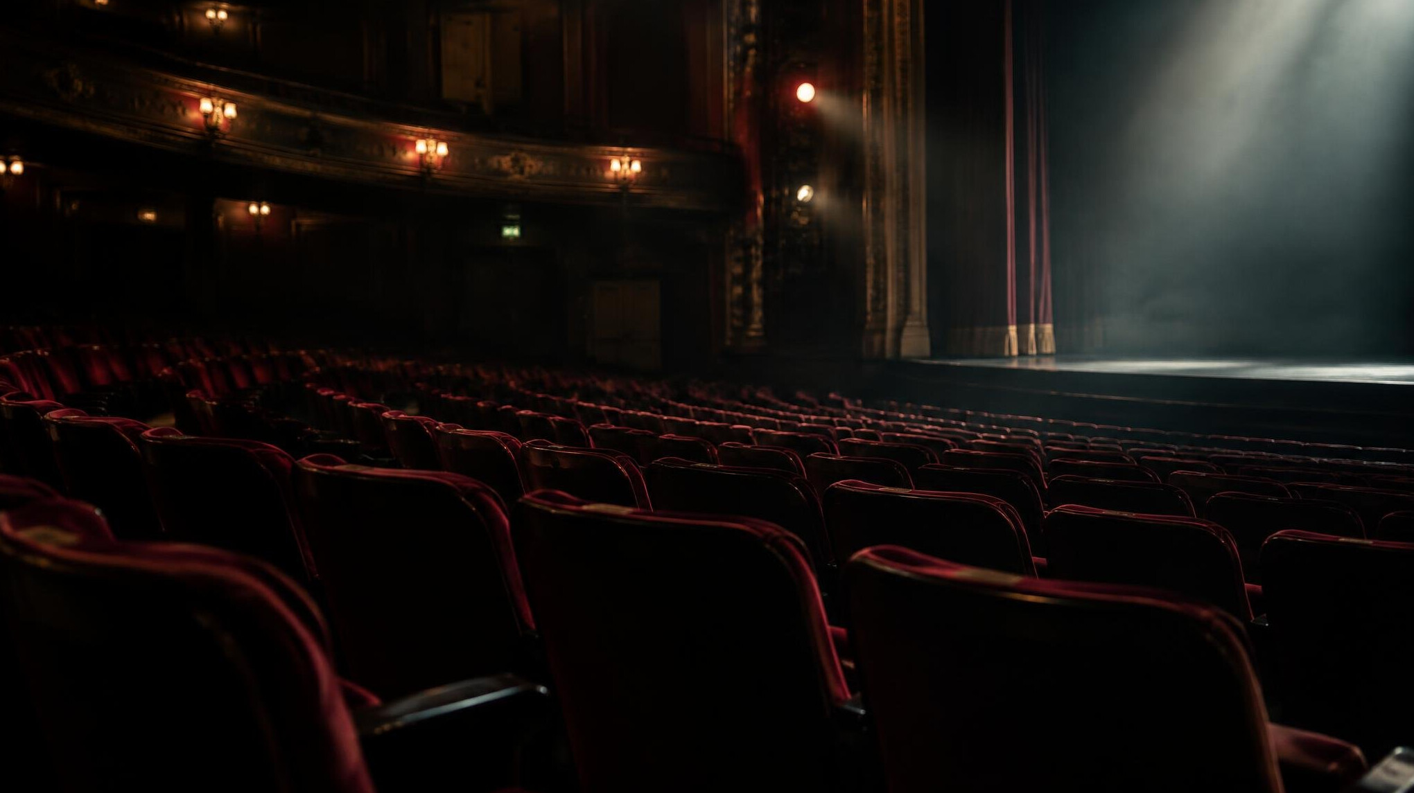 Empty theatre auditorium with rows of seats in dim atmospheric light