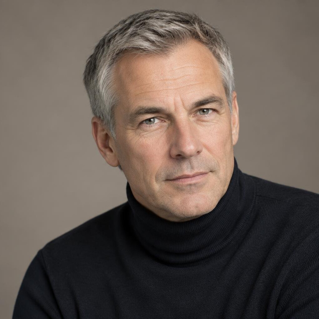 Studio portrait of a German man in his fifties with short grey hair
